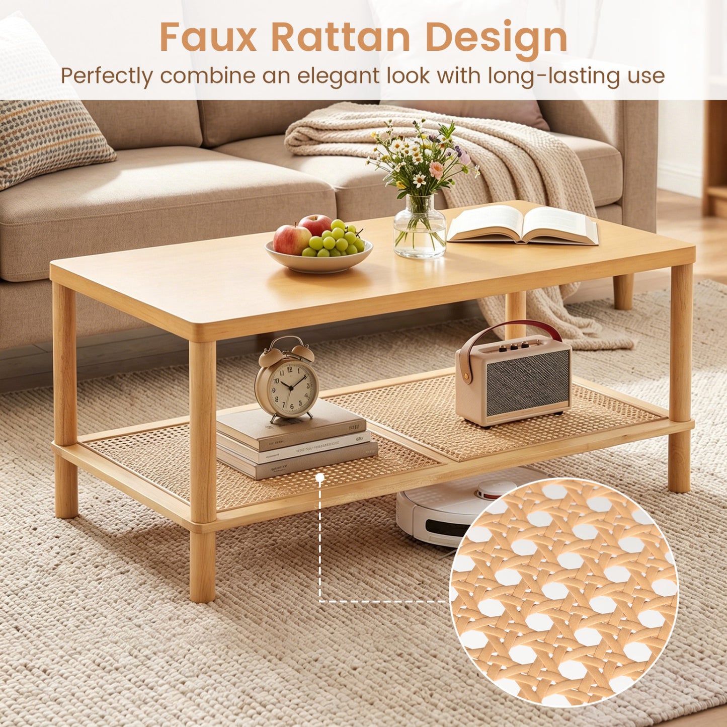 2-Tier Boho Coffee Table, Rectangular, PVC Rattan Shelf, Rubber Wood, Natural Coffee Tables at Gallery Canada