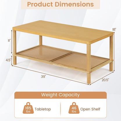 2-Tier Boho Coffee Table, Rectangular, PVC Rattan Shelf, Rubber Wood, Natural Coffee Tables at Gallery Canada