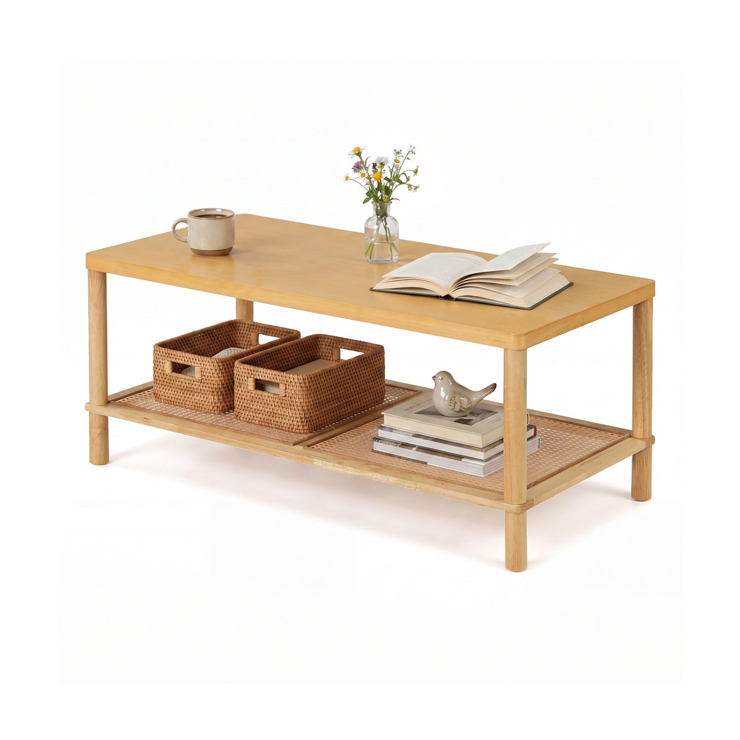 2-Tier Boho Coffee Table, Rectangular, PVC Rattan Shelf, Rubber Wood, Natural Coffee Tables at Gallery Canada