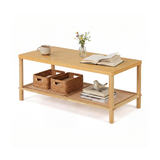 2-Tier Boho Coffee Table, Rectangular, PVC Rattan Shelf, Rubber Wood, Natural Coffee Tables Natural at Gallery Canada