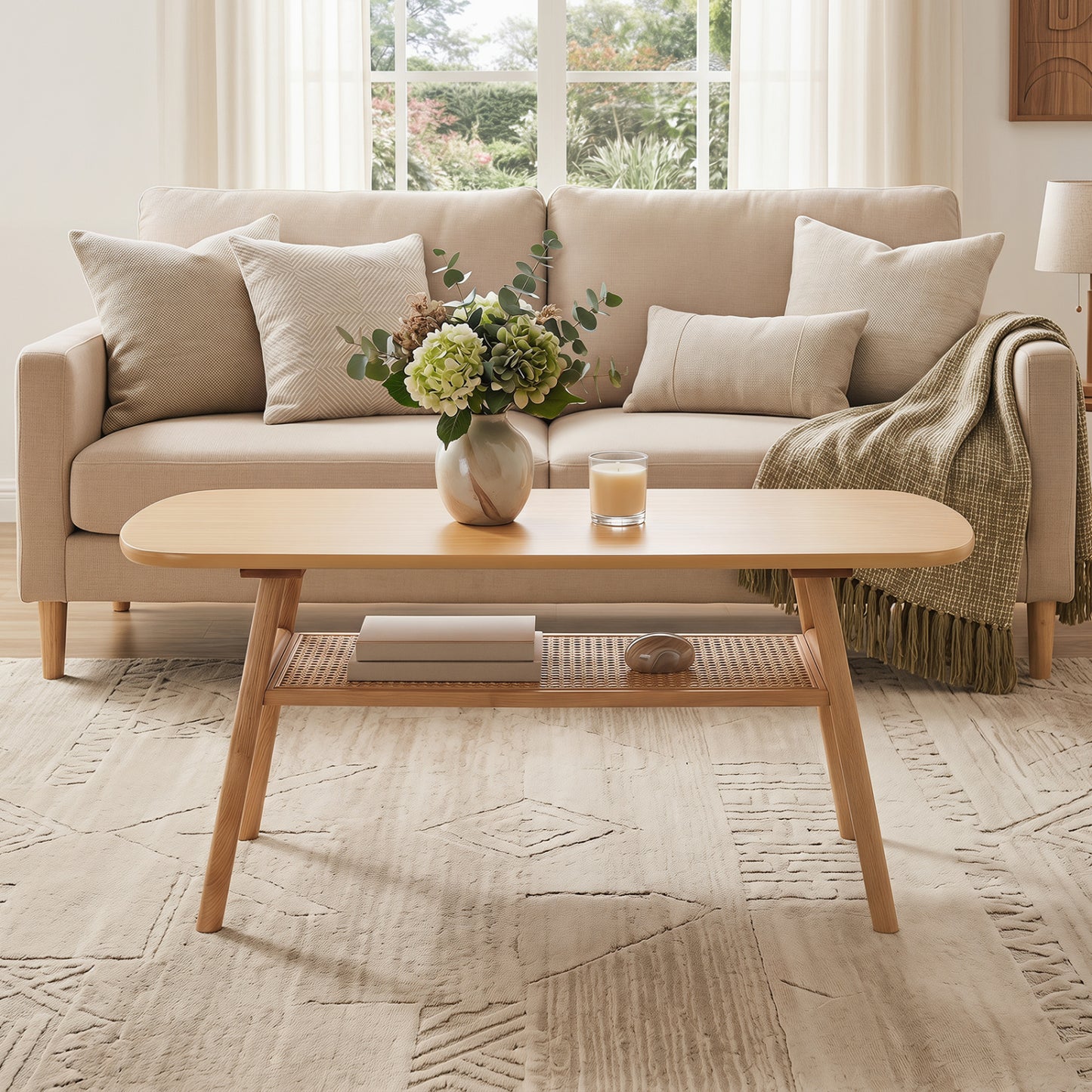 2-Tier Boho Rattan Coffee Table, Natural