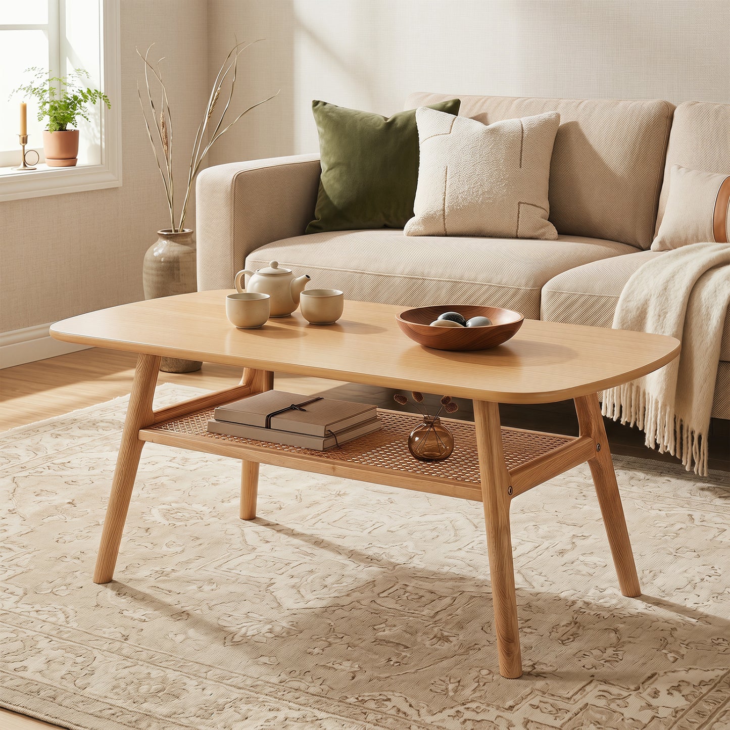 2-Tier Boho Rattan Coffee Table, Natural