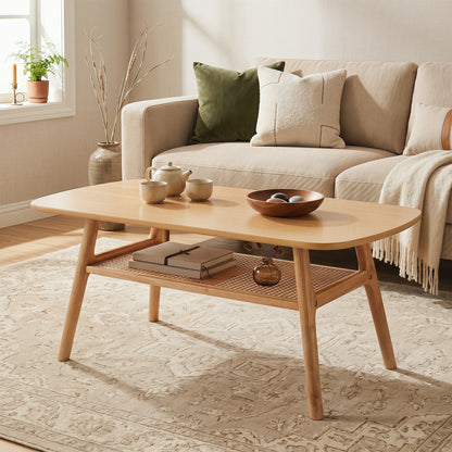 2-Tier Boho Rattan Coffee Table, Natural