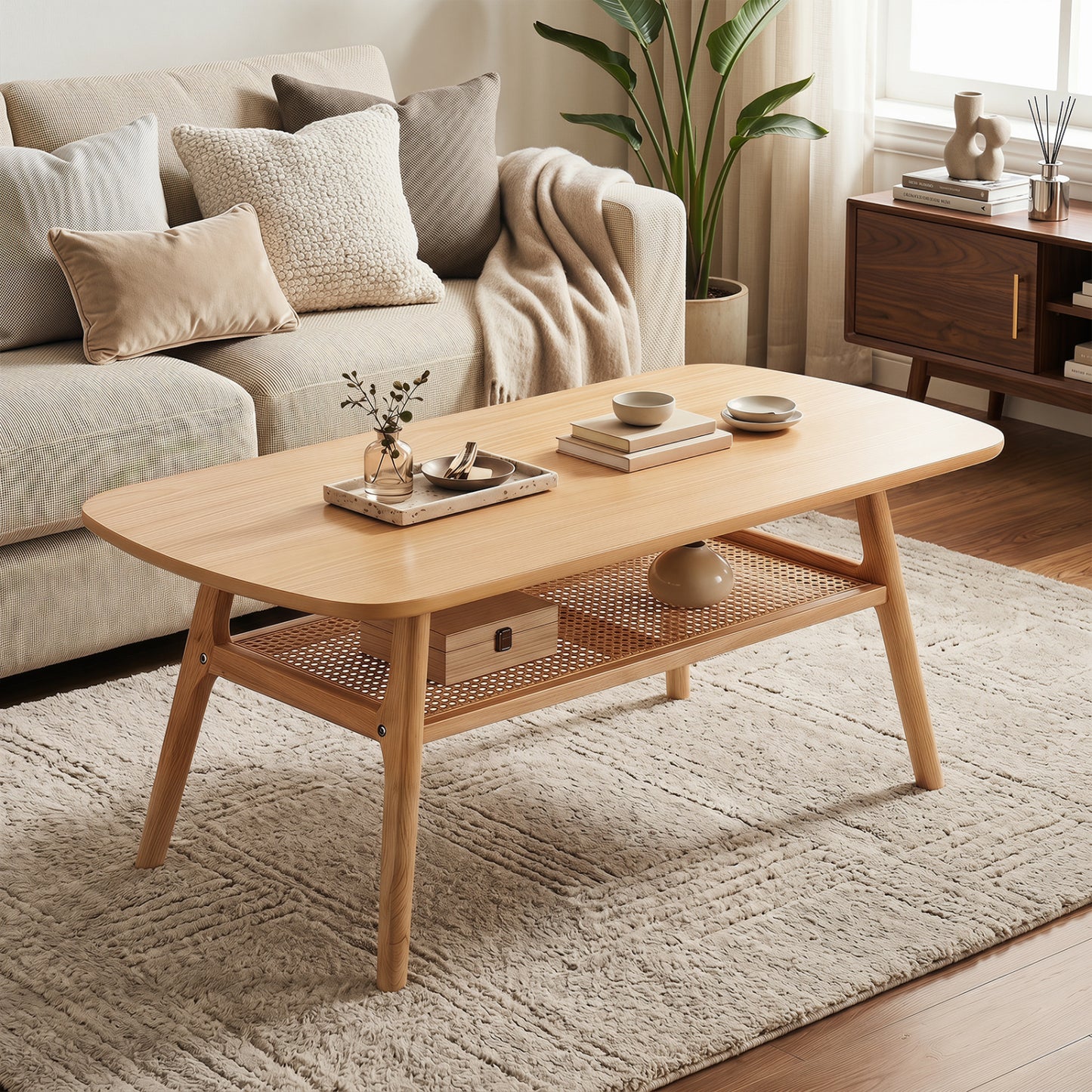 2-Tier Boho Rattan Coffee Table, Natural