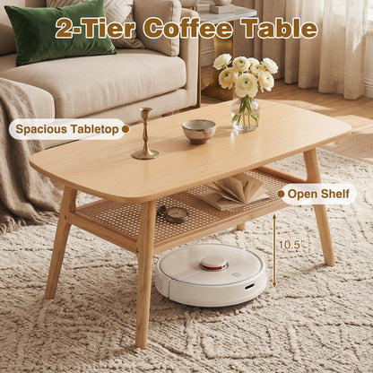 2-Tier Boho Rattan Coffee Table, Natural