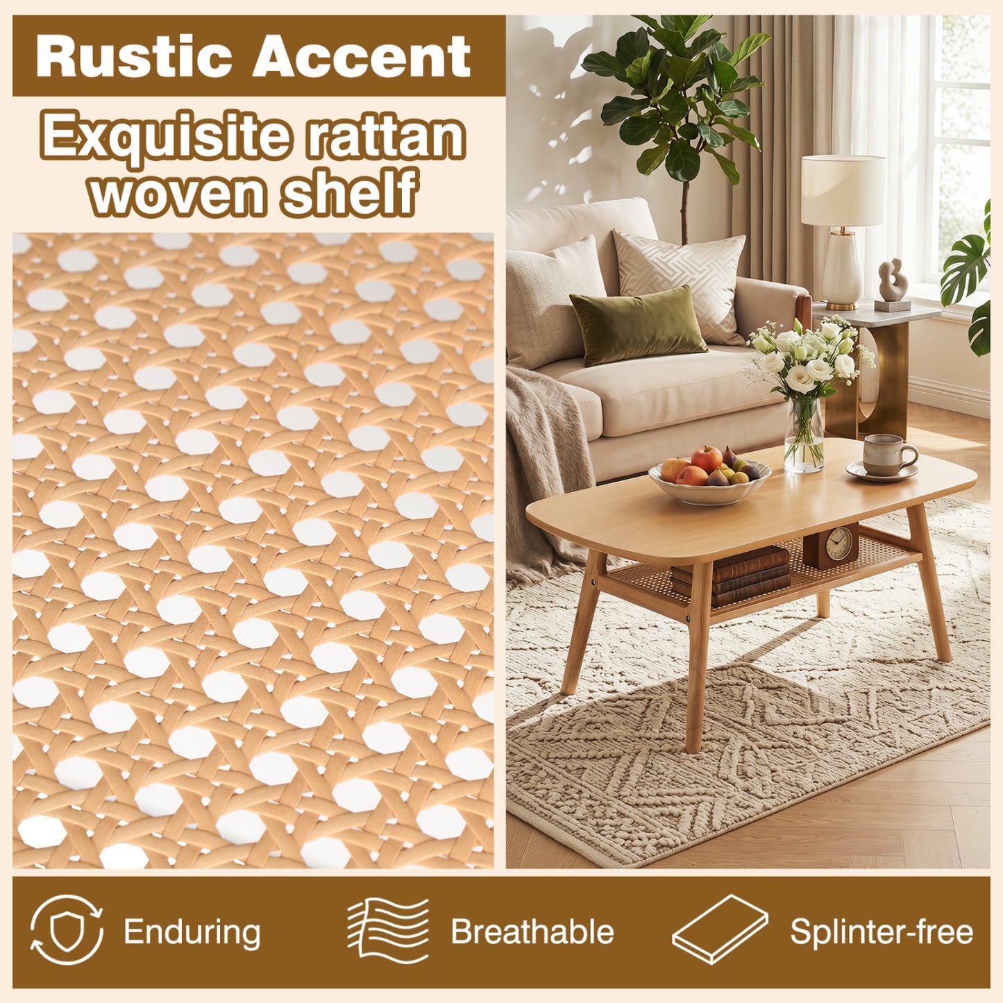 2-Tier Boho Rattan Coffee Table, Natural