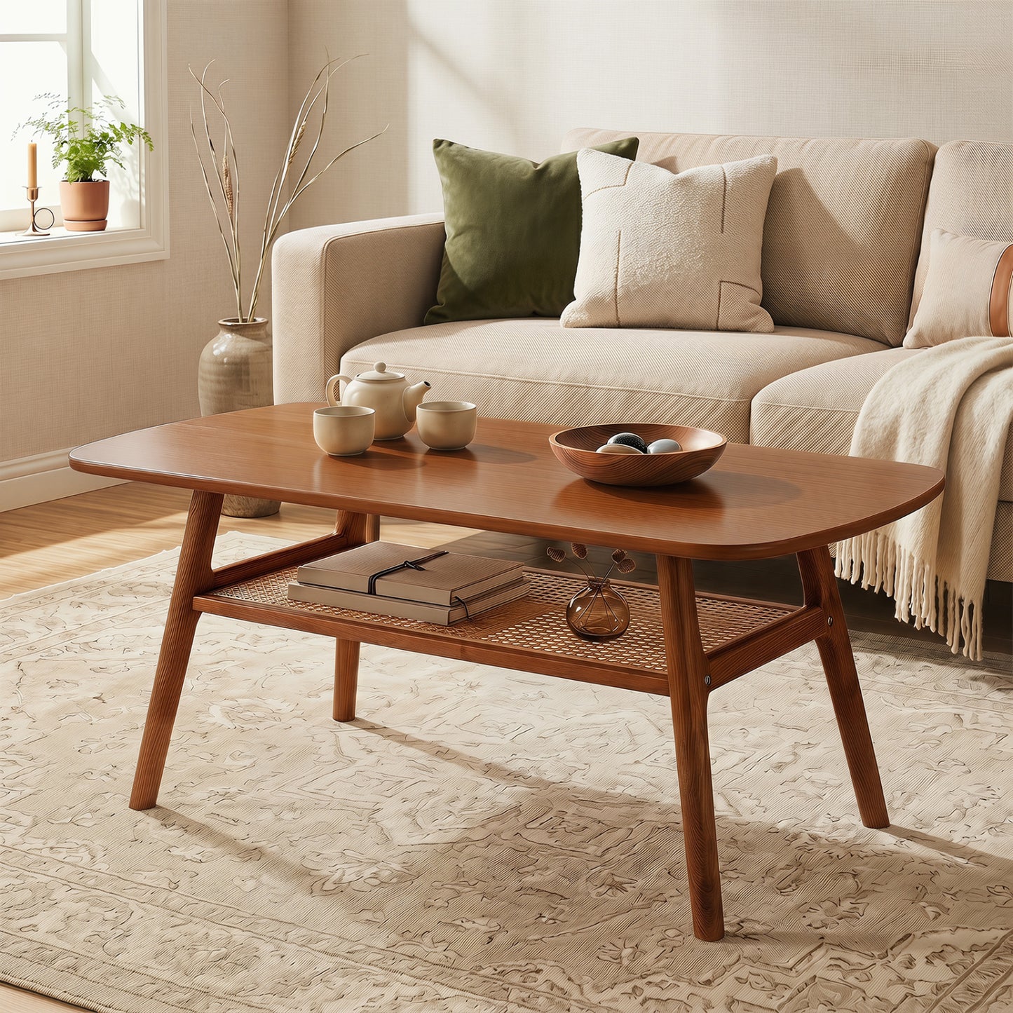 2-Tier Boho Rattan Coffee Table, Walnut