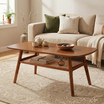 2-Tier Boho Rattan Coffee Table, Walnut