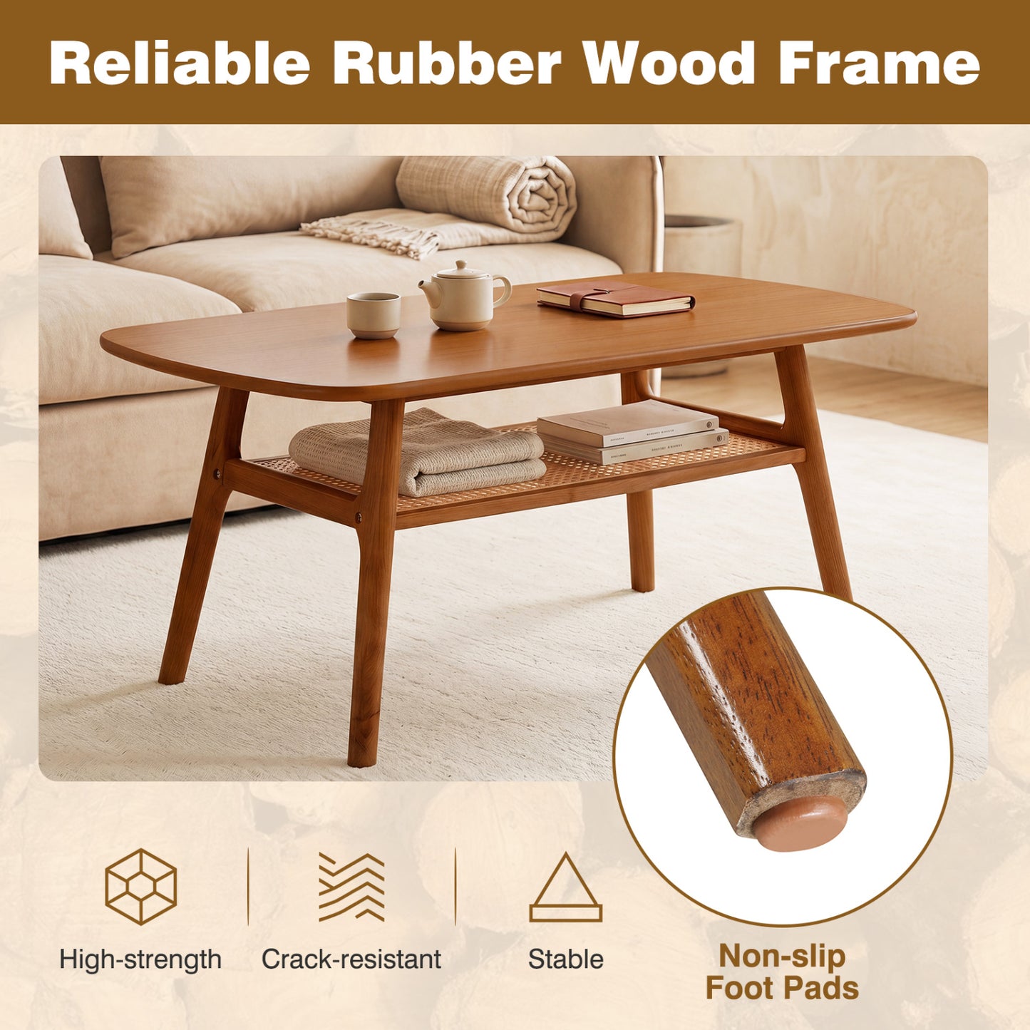 2-Tier Boho Rattan Coffee Table, Walnut