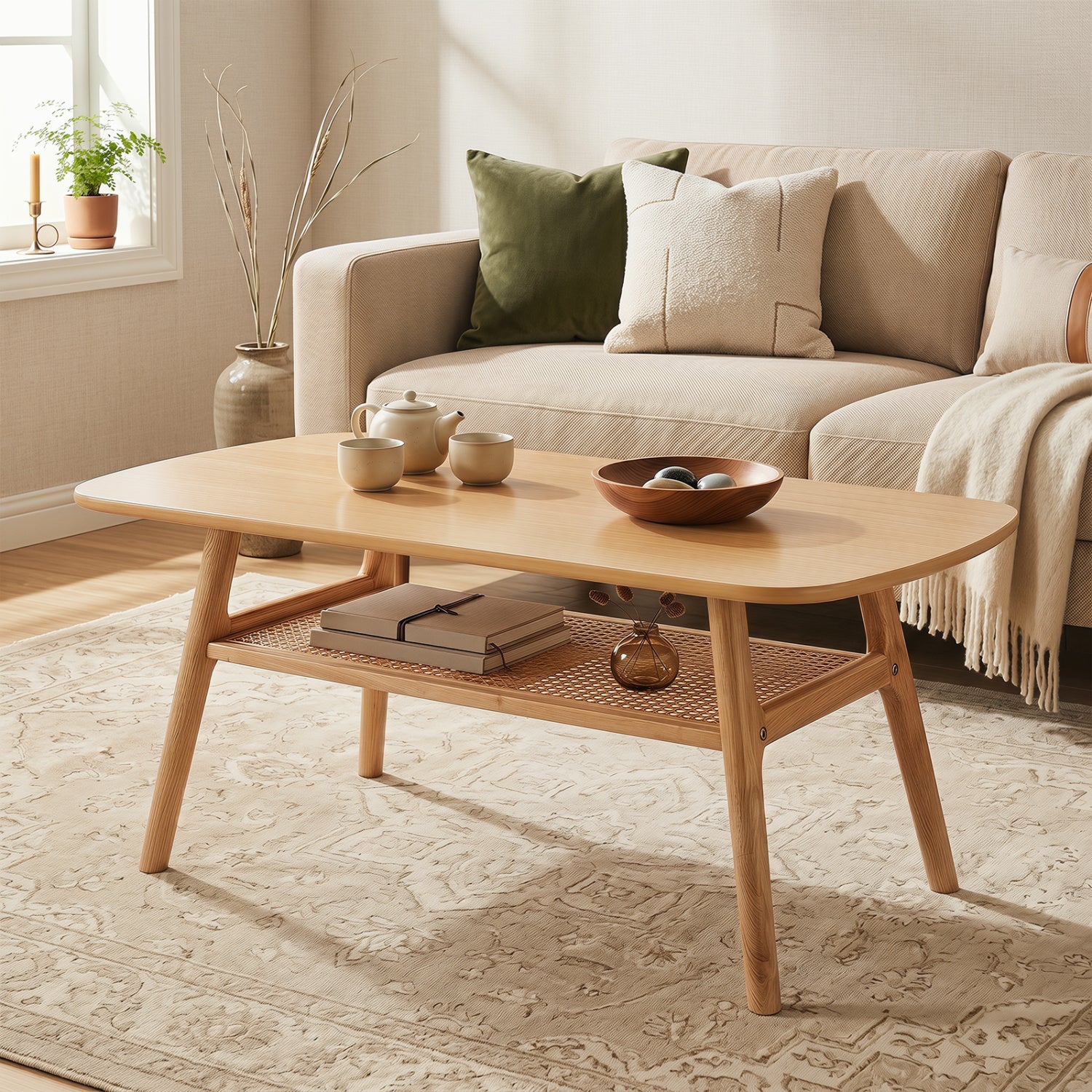 2-Tier Boho Rattan Coffee Table, Natural Coffee Tables at Gallery Canada