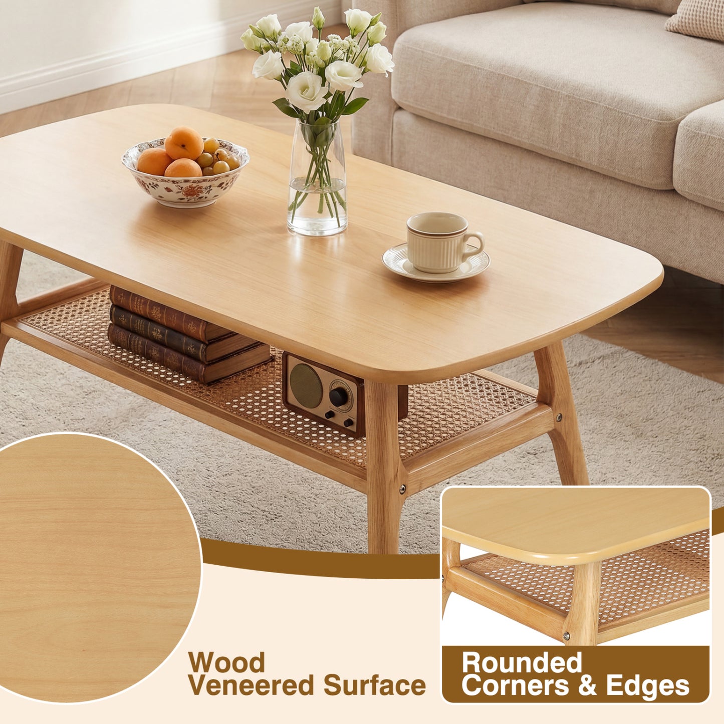 2-Tier Boho Rattan Coffee Table, Natural Coffee Tables at Gallery Canada