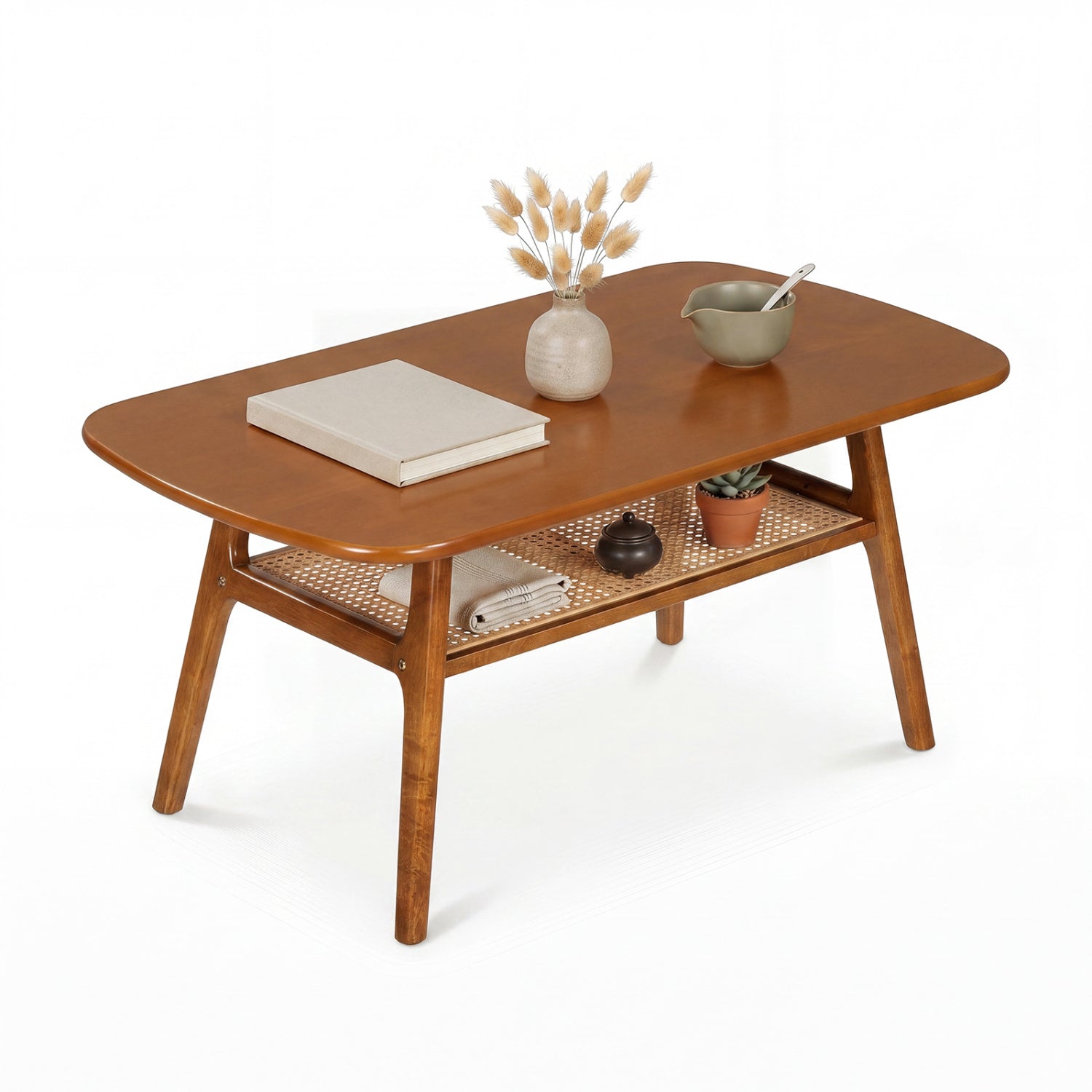 2-Tier Boho Rattan Coffee Table, Walnut Coffee Tables Walnut at Gallery Canada