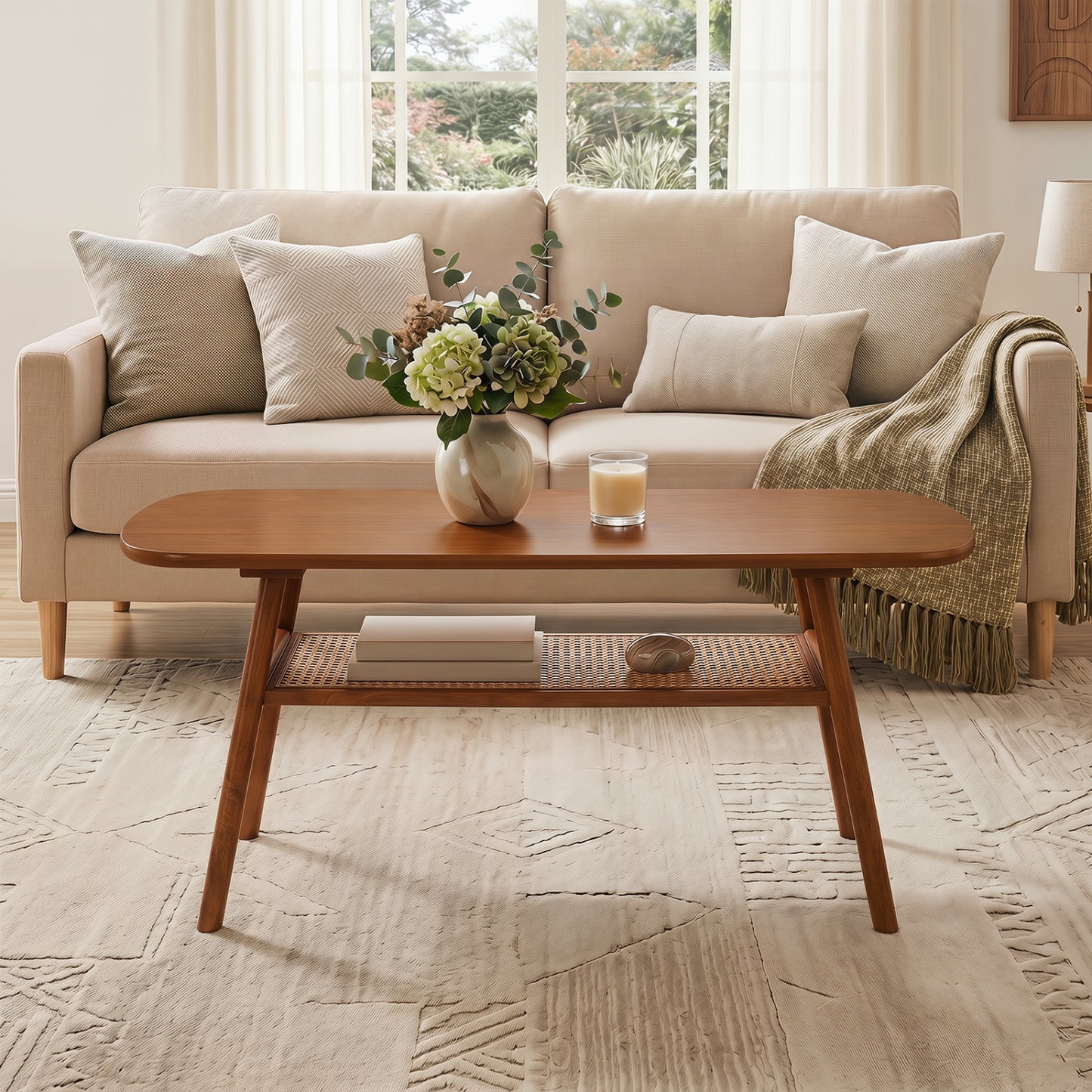2-Tier Boho Rattan Coffee Table, Walnut Coffee Tables at Gallery Canada