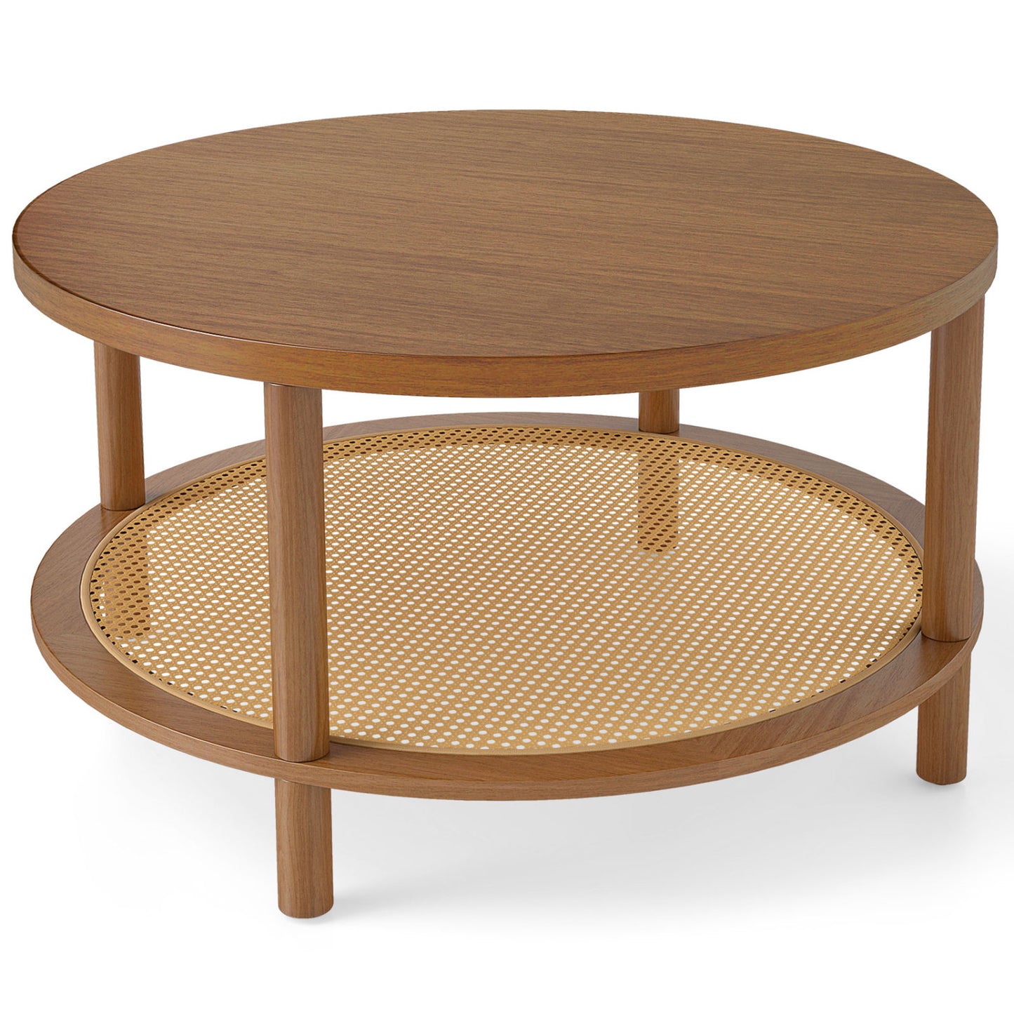 2-Tier Boho Round Rattan Coffee Table with Storage Shelf, Walnut Coffee Tables Walnut at Gallery Canada