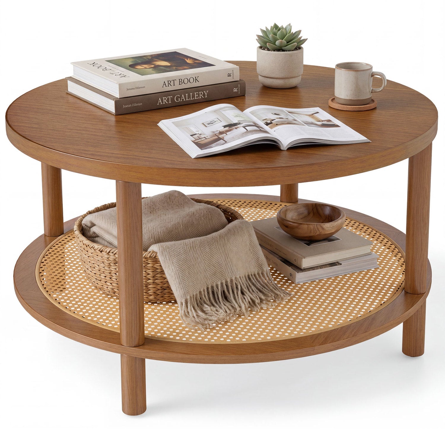 2-Tier Boho Round Rattan Coffee Table with Storage Shelf, Walnut Coffee Tables at Gallery Canada