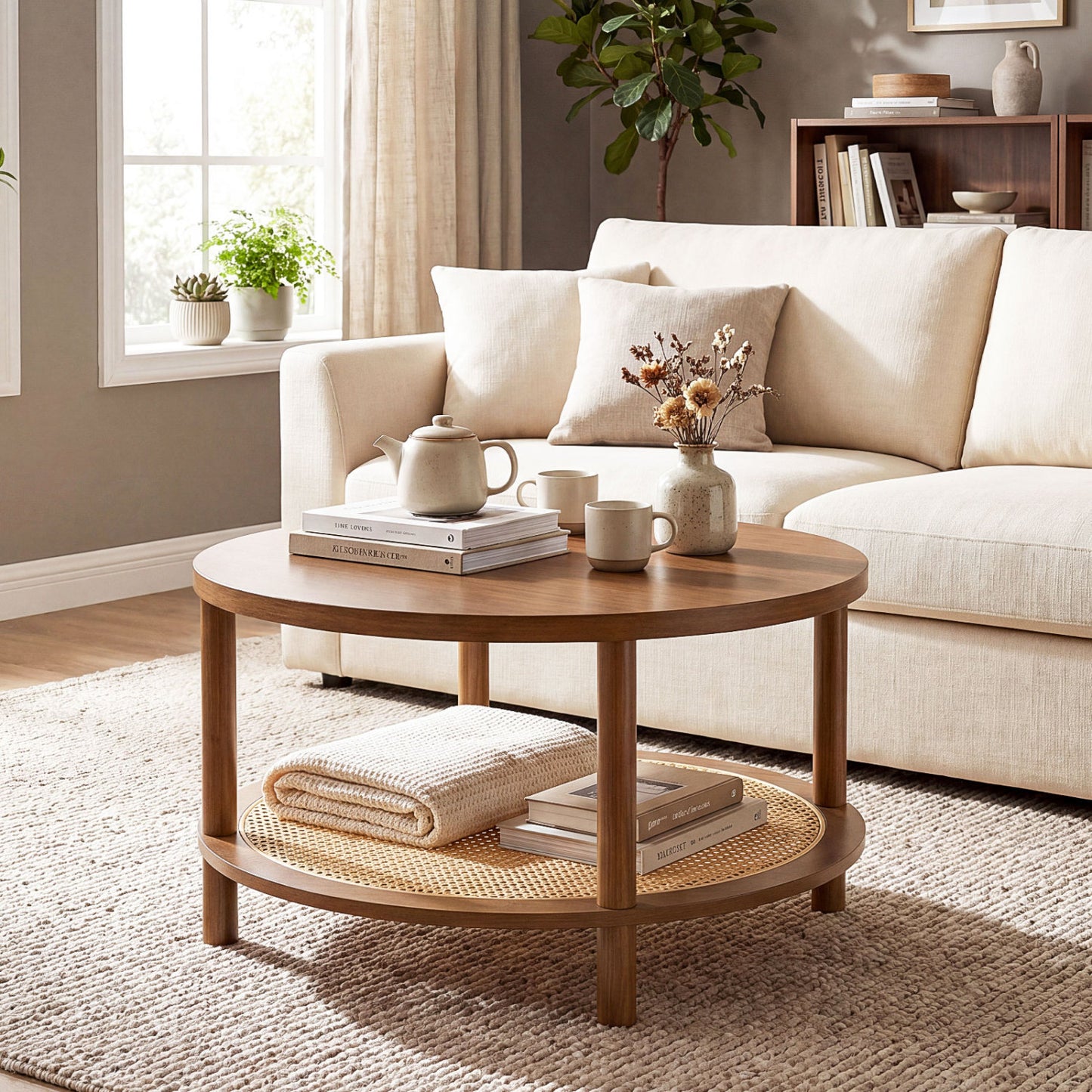 2-Tier Boho Round Rattan Coffee Table with Storage Shelf, Walnut Coffee Tables at Gallery Canada