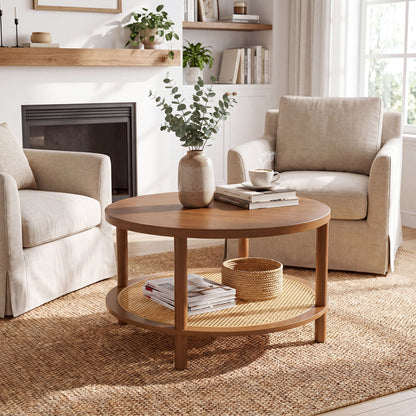 2-Tier Boho Round Rattan Coffee Table with Storage Shelf, Walnut Coffee Tables at Gallery Canada