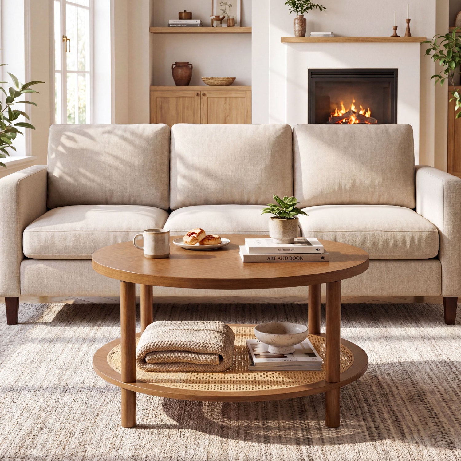 2-Tier Boho Round Rattan Coffee Table with Storage Shelf, Walnut Coffee Tables at Gallery Canada