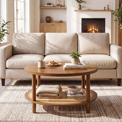2-Tier Boho Round Rattan Coffee Table with Storage Shelf, Walnut Coffee Tables at Gallery Canada