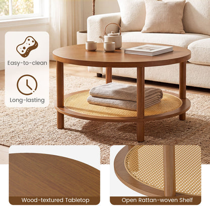 2-Tier Boho Round Rattan Coffee Table with Storage Shelf, Walnut Coffee Tables at Gallery Canada
