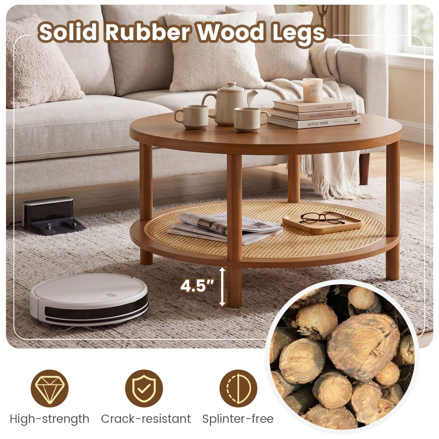 2-Tier Boho Round Rattan Coffee Table with Storage Shelf, Walnut Coffee Tables at Gallery Canada