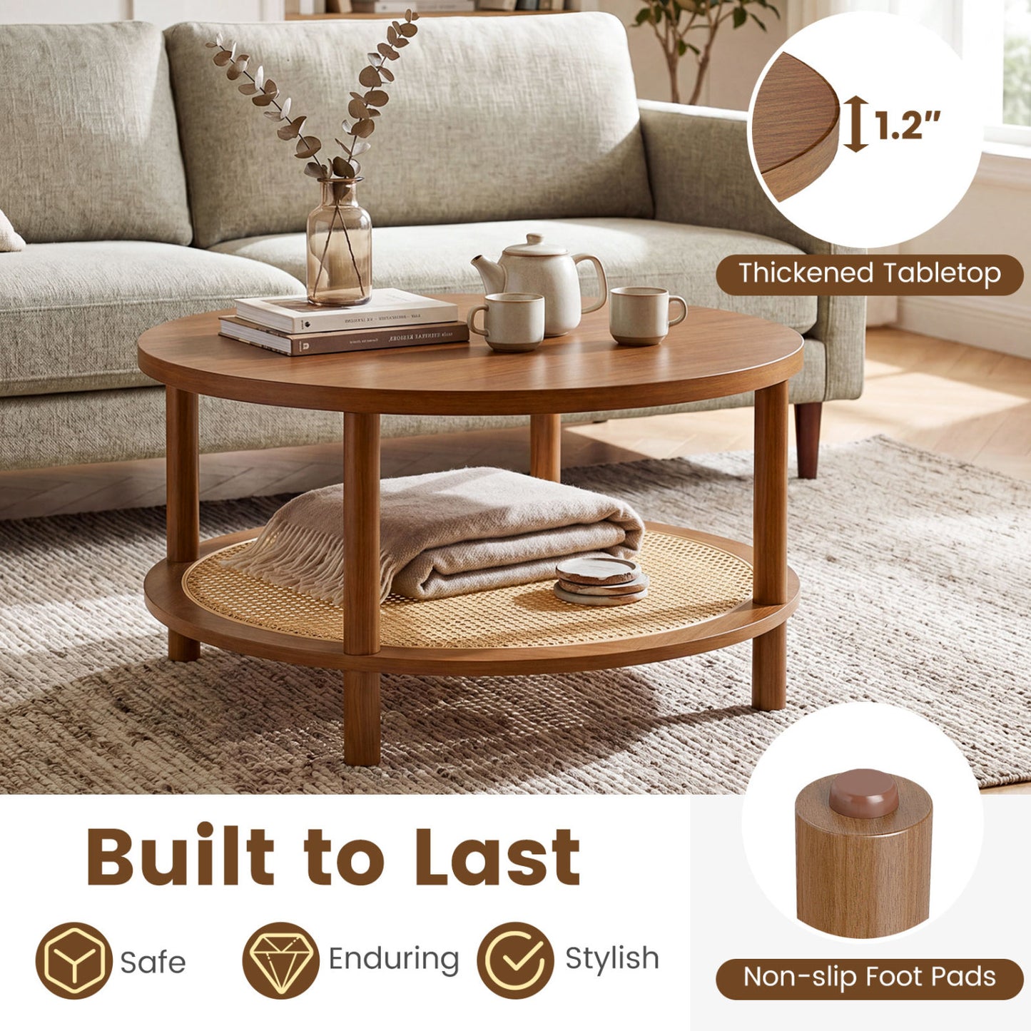 2-Tier Boho Round Rattan Coffee Table with Storage Shelf, Walnut Coffee Tables at Gallery Canada