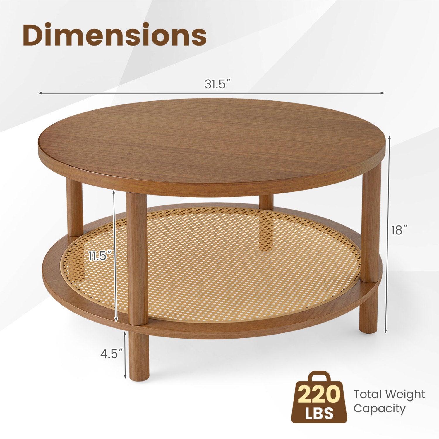 2-Tier Boho Round Rattan Coffee Table with Storage Shelf, Walnut Coffee Tables at Gallery Canada