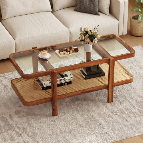 2-Tier Coffee Table With Storage, Tempered Glass Tabletop