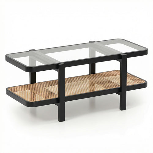2-Tier Coffee Table, Storage, Tempered Glass Tabletop, Black