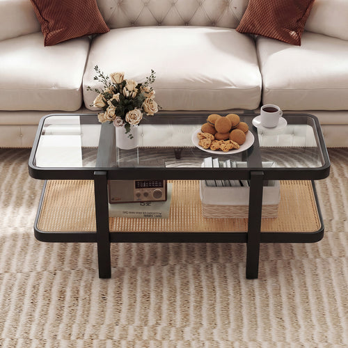 2-Tier Coffee Table, Storage, Tempered Glass Tabletop, Black