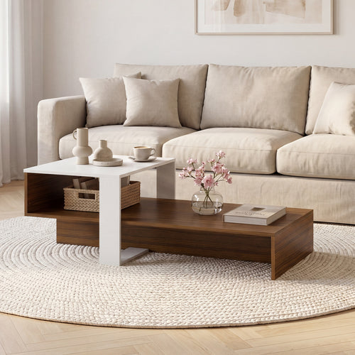 2-Tier Irregular Coffee Table With Open Shelf, Brown & White