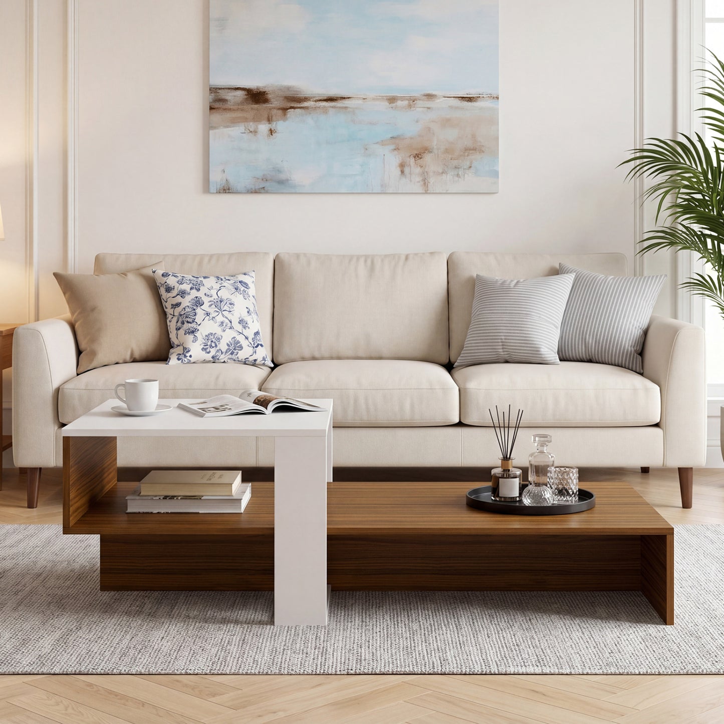 2-Tier Irregular Coffee Table With Open Shelf, Brown & White