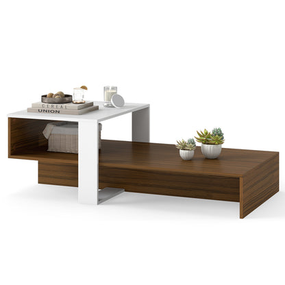 2-Tier Irregular Coffee Table With Open Shelf, Brown & White