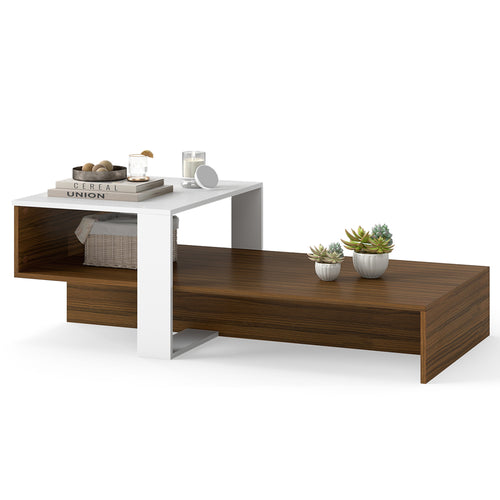 2-Tier Irregular Coffee Table With Open Shelf, Brown & White