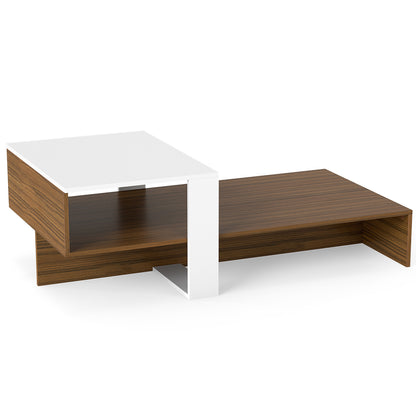 2-Tier Irregular Coffee Table With Open Shelf, Brown & White