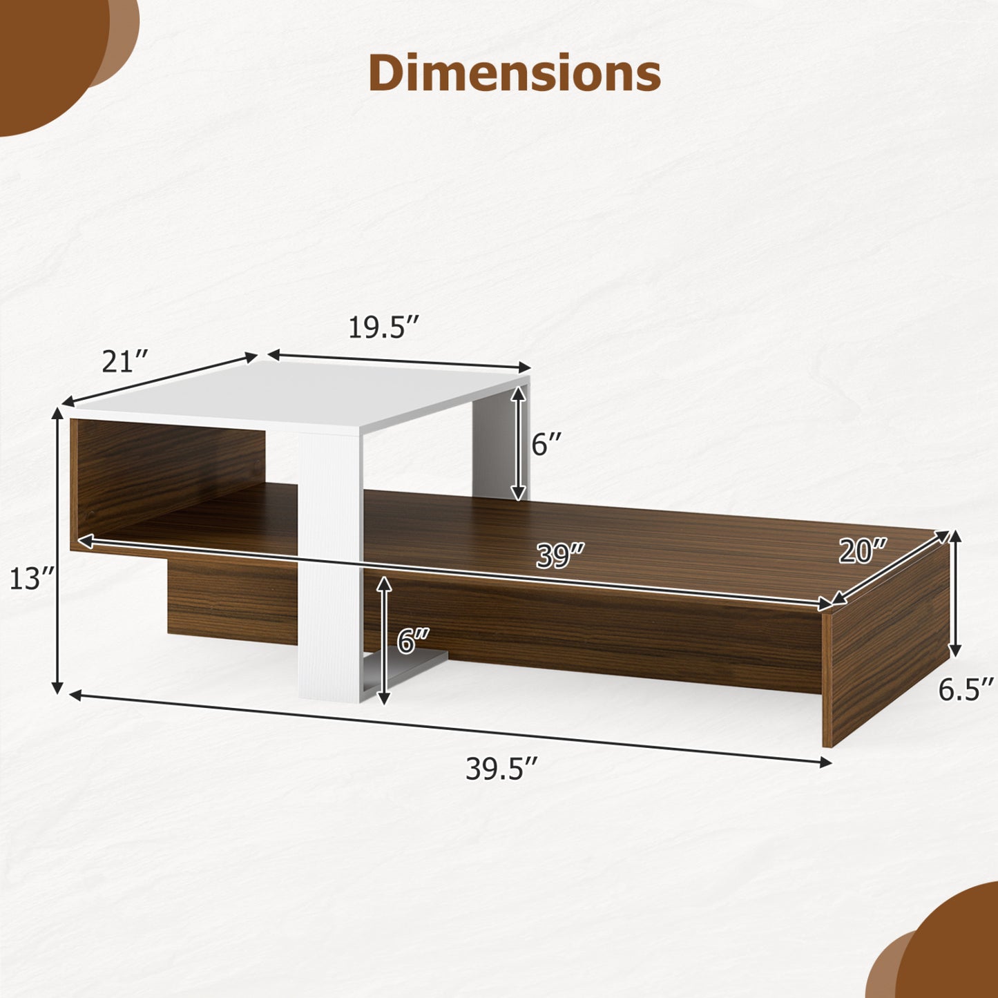 2-Tier Irregular Coffee Table With Open Shelf, Brown & White