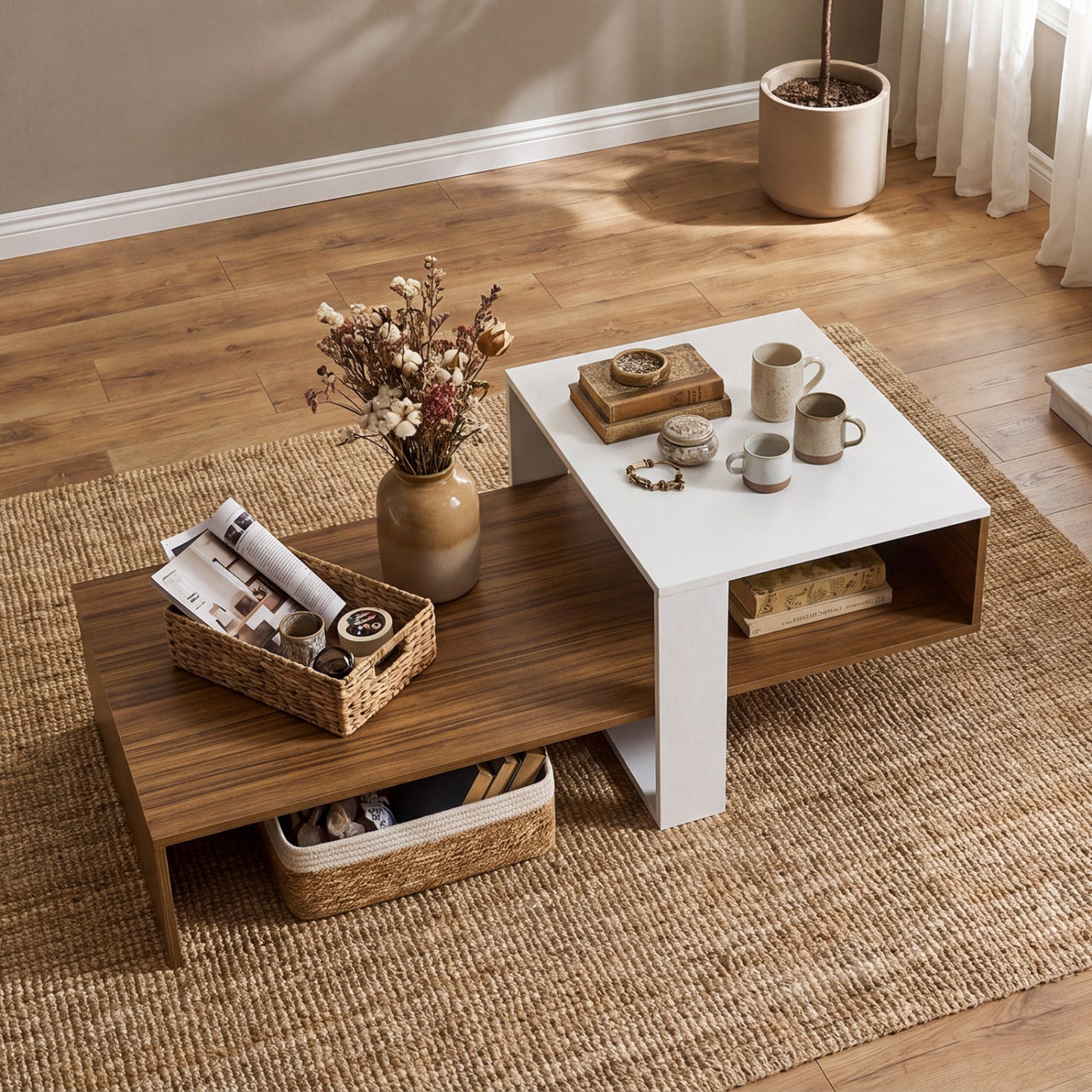 2-Tier Irregular Coffee Table With Open Shelf, Brown & White