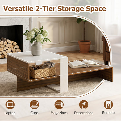 2-Tier Irregular Coffee Table With Open Shelf, Brown & White