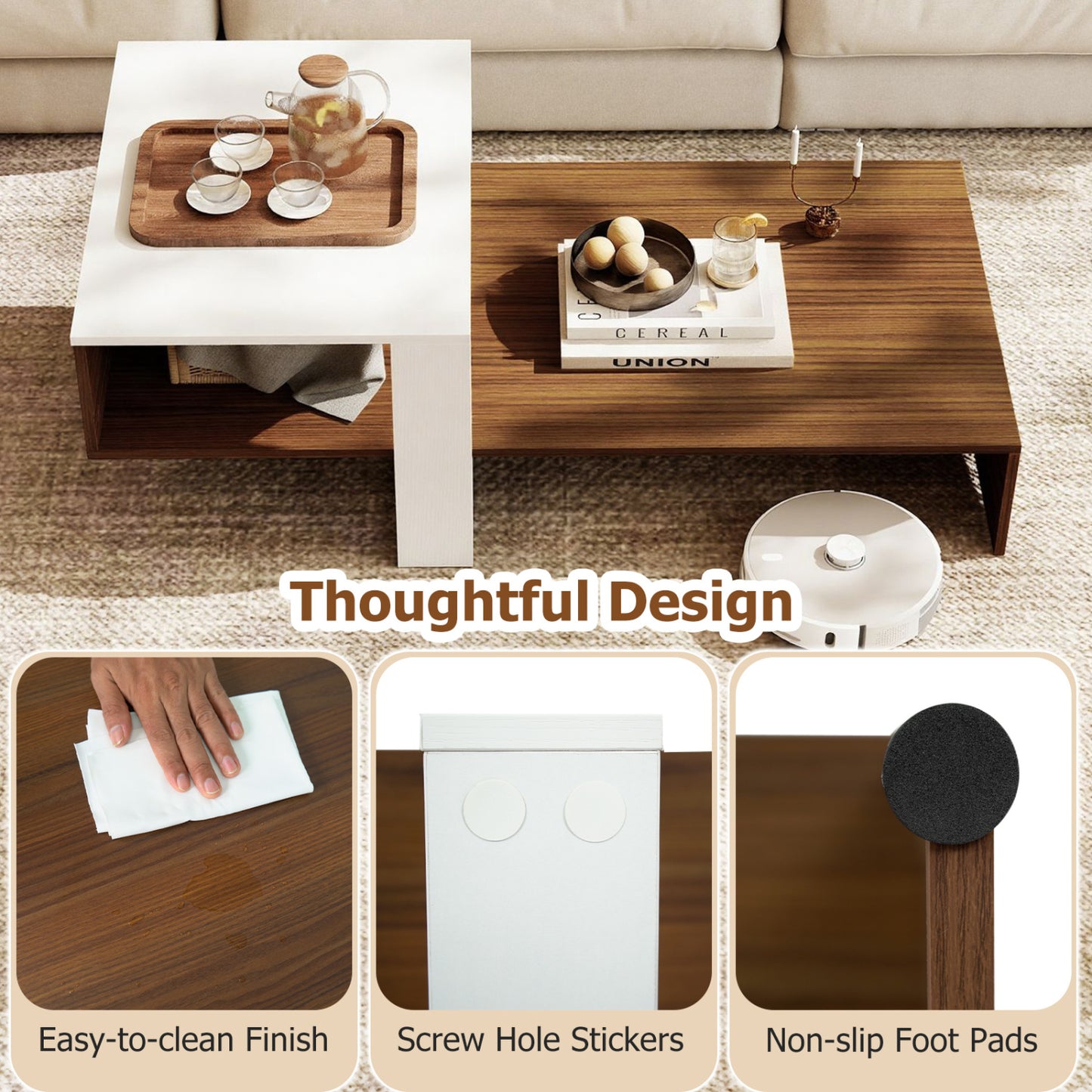 2-Tier Irregular Coffee Table With Open Shelf, Brown & White