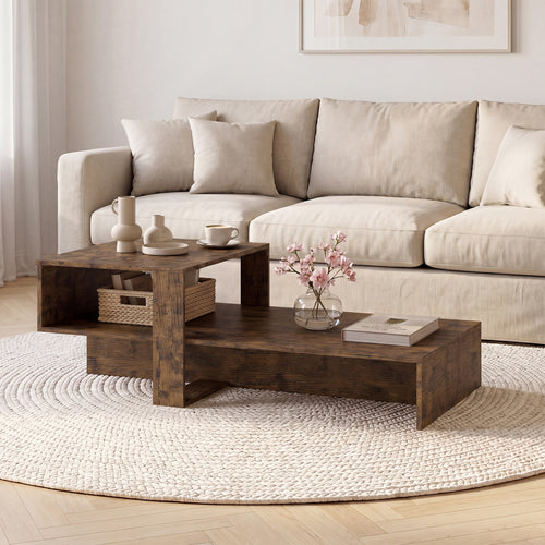 2-Tier Coffee Table, Irregular Center Table, Open Shelf, Brown