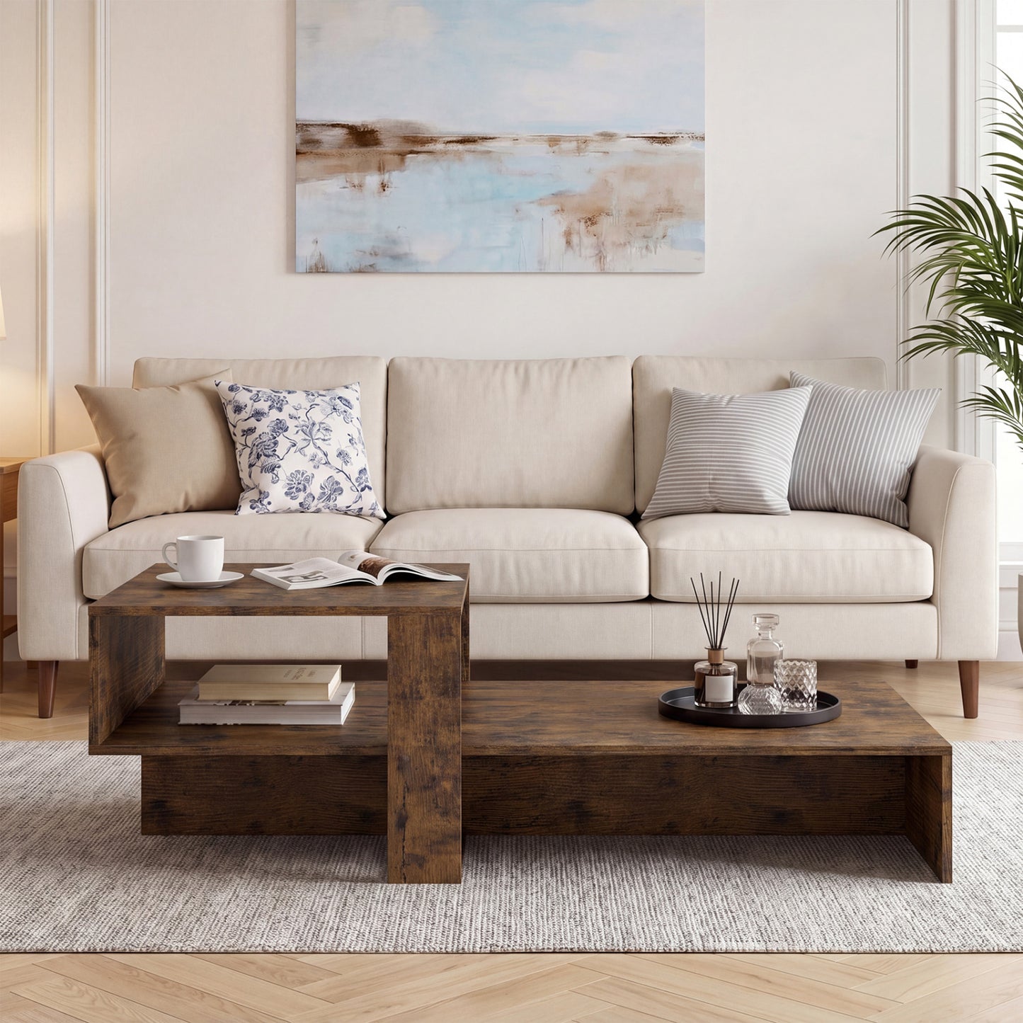 2-Tier Coffee Table, Irregular Center Table, Open Shelf, Brown