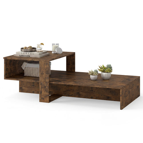 2-Tier Coffee Table, Irregular Center Table, Open Shelf, Brown