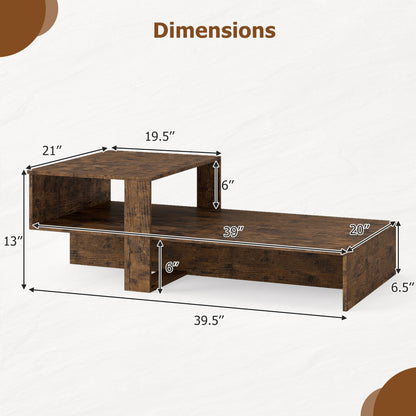 2-Tier Coffee Table, Irregular Center Table, Open Shelf, Brown