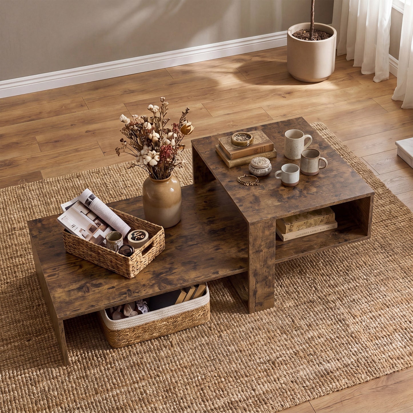 2-Tier Coffee Table, Irregular Center Table, Open Shelf, Brown