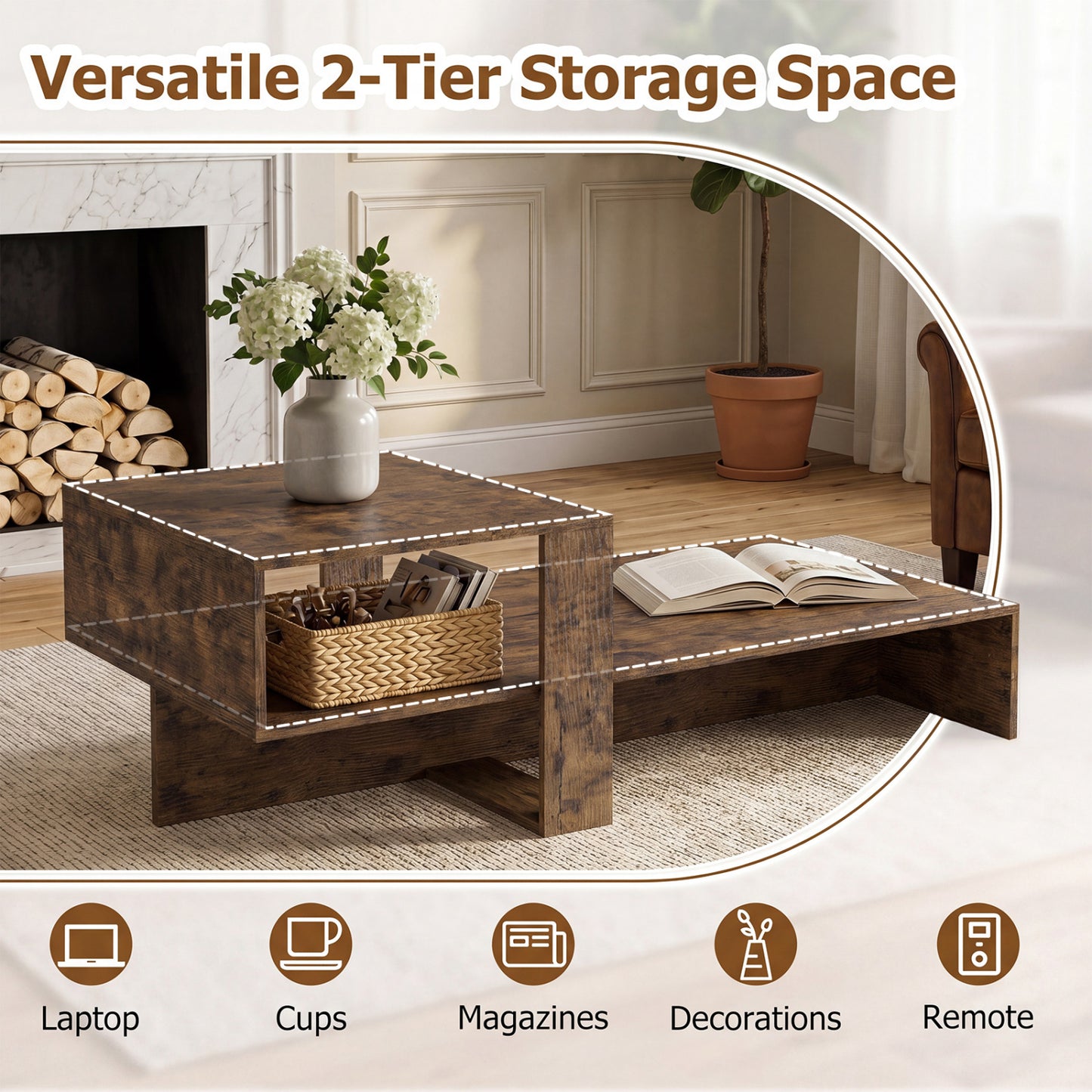 2-Tier Coffee Table, Irregular Center Table, Open Shelf, Brown