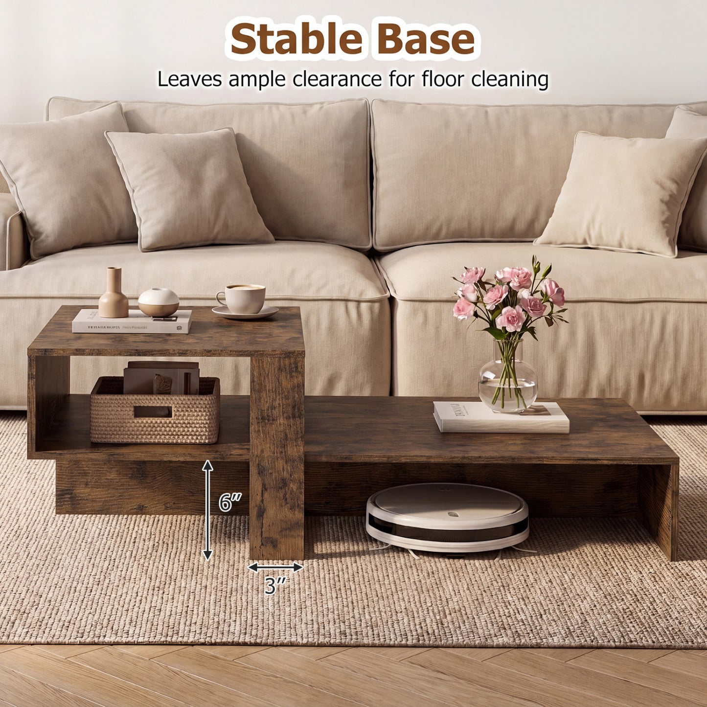 2-Tier Coffee Table, Irregular Center Table, Open Shelf, Brown