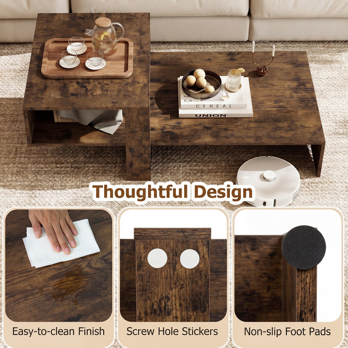2-Tier Coffee Table, Irregular Center Table, Open Shelf, Brown