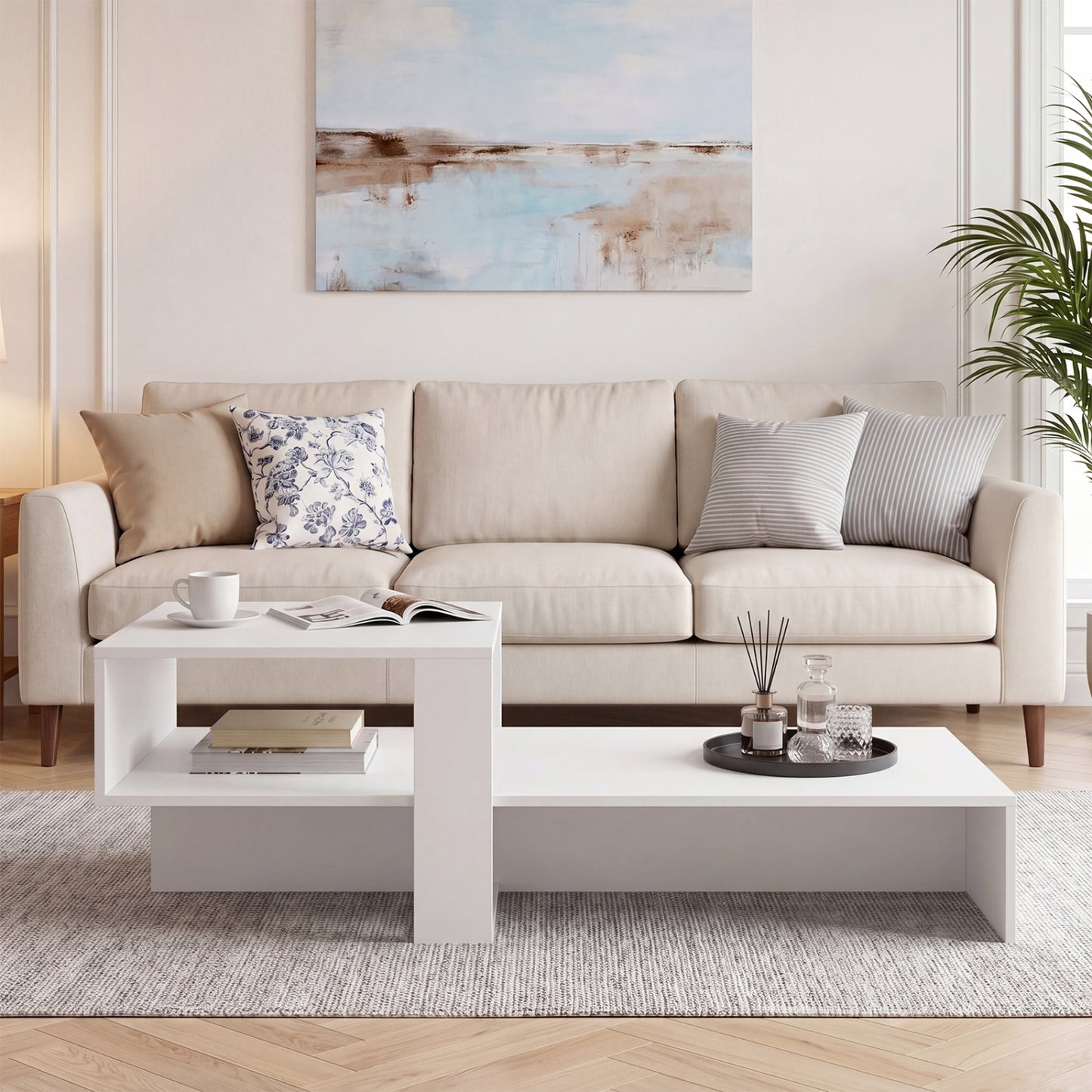 Table basse moderne à 2 niveaux avec étagère ouverte, blanc