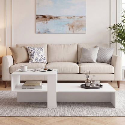 Table basse moderne à 2 niveaux avec étagère ouverte, blanc