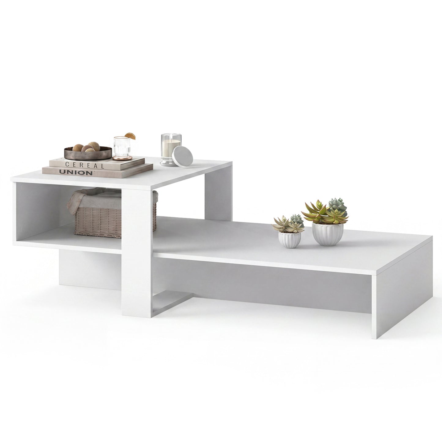 Table basse moderne à 2 niveaux avec étagère ouverte, blanc